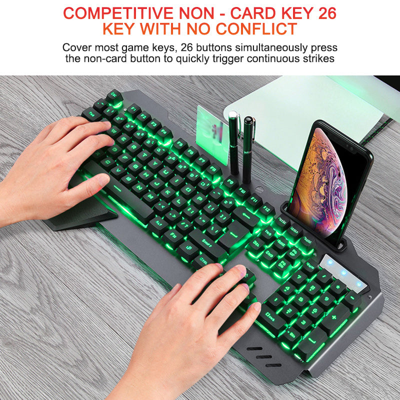 Ergonomic Wired Gaming Keyboard with RGB Backlight Phone Holder