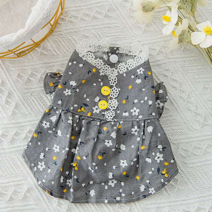 Pet Clothes Small Fresh Floral Puff Sleeve Puppies Cat Pet Skirt